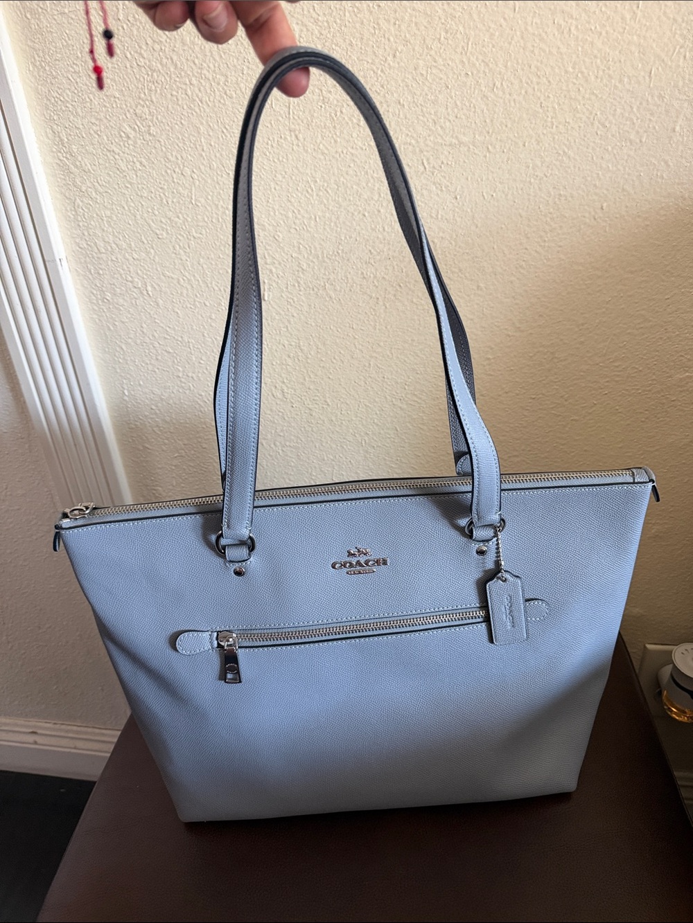 Coach Leather Tote in Light Blue with Silver Hardware